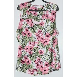Emily Daniels Sleeveless Top* Womens Size 2X White Pink Floral Tropical Preowned